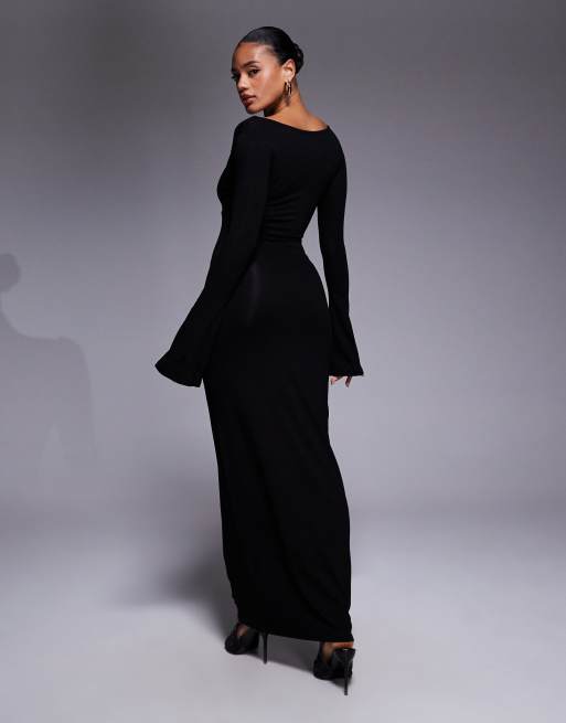 ASOS DESIGN long angel sleeve shoulder grazer midi dress in black