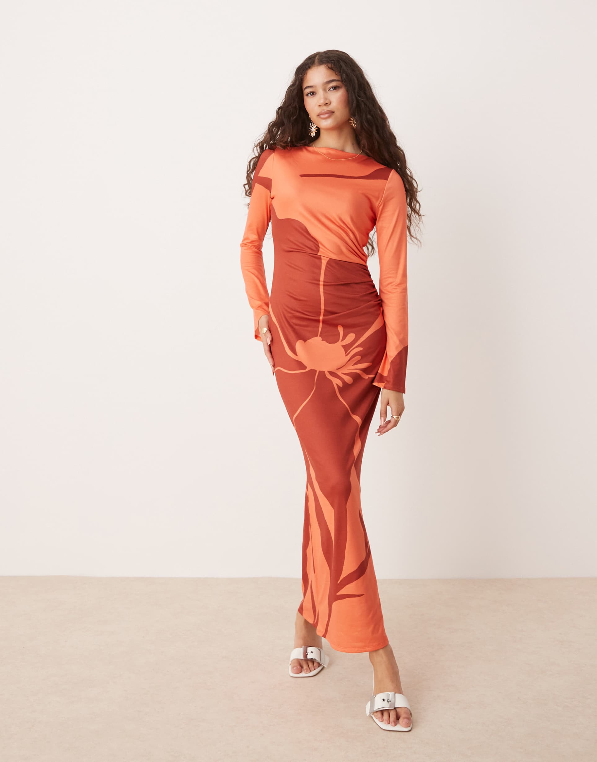 asos design long angel sleeves midi dress in orange and red floral print
