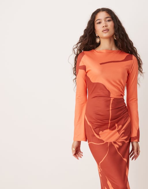 ASOS DESIGN long angel sleeves midi dress in orange and red floral print