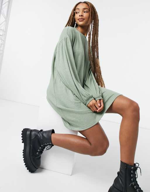 ASOS DESIGN long balloon sleeve mini dress in supersoft sage green - MGREEN