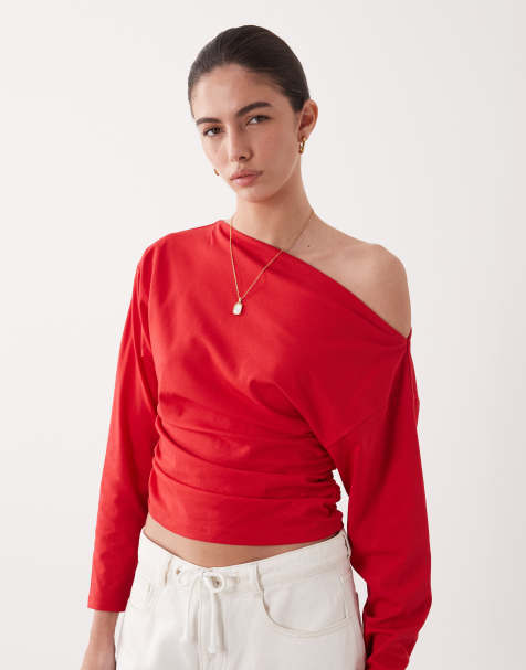 ASOS DESIGN long batwing sleeve cinched slash neck draped top in red
