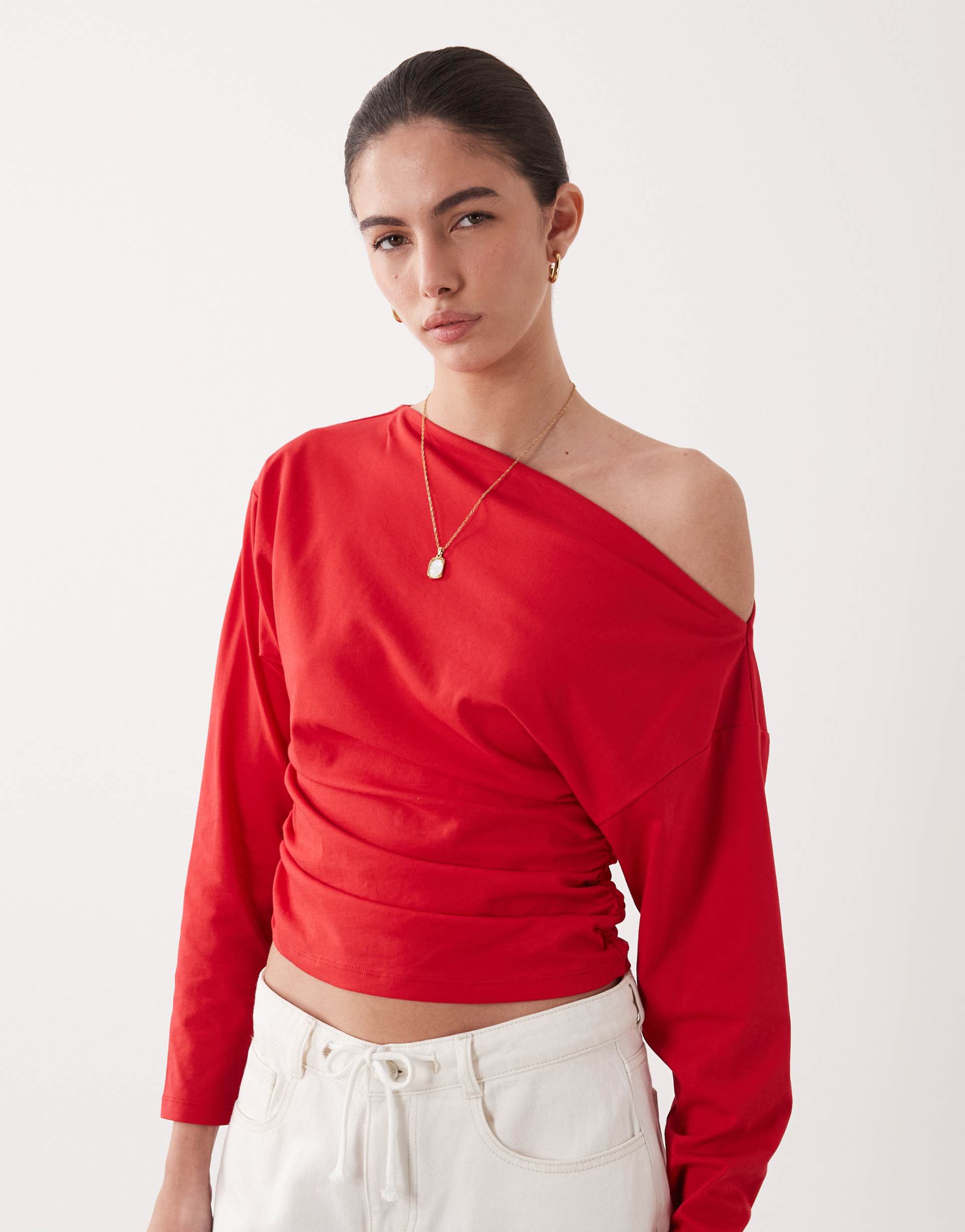asos design long batwing sleeve slash neck cinched draped top in red