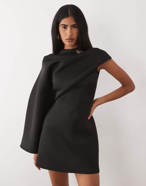 ASOS DESIGN long cape sleeve mini dress with shoulder trim in black scuba-style fabric - view 1