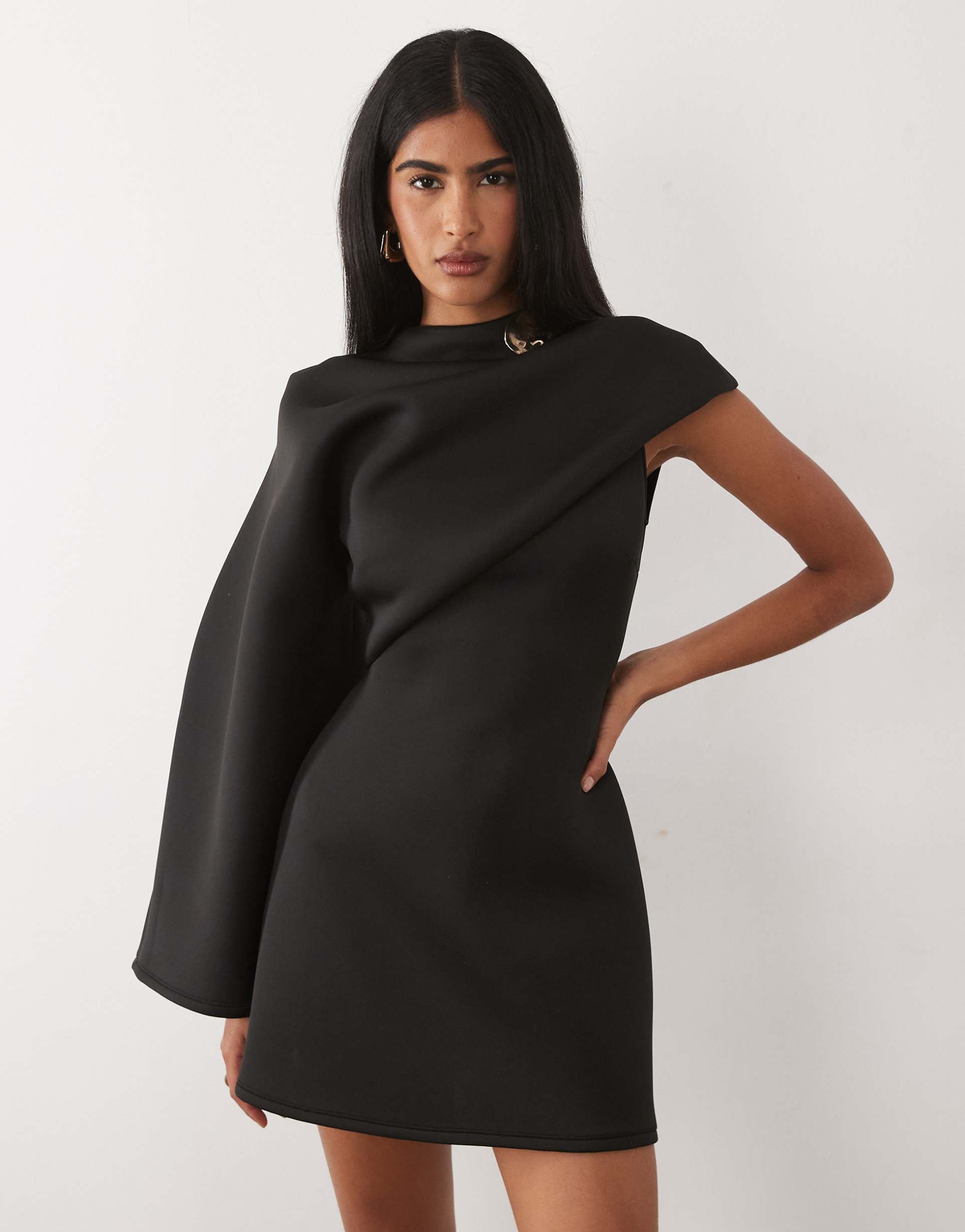 asos design long cape sleeve mini dress with shoulder trim in black scuba-style fabric