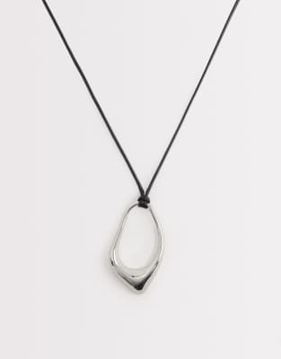 Asos Design Long Corded Necklace With Abstract Pendant In Metallic