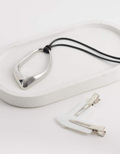 ASOS DESIGN long corded necklace with abstract pendant in silver tone, 2 of 4