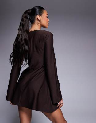 Asos Design Long Flare Sleeve Mini Dress With Ring Detail In Brown
