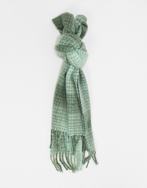 ASOS DESIGN long fluffy check scarf in tonal green