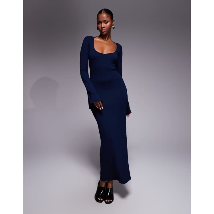 ASOS DESIGN long flute sleeves super scoop midi dress in navy | ASOS