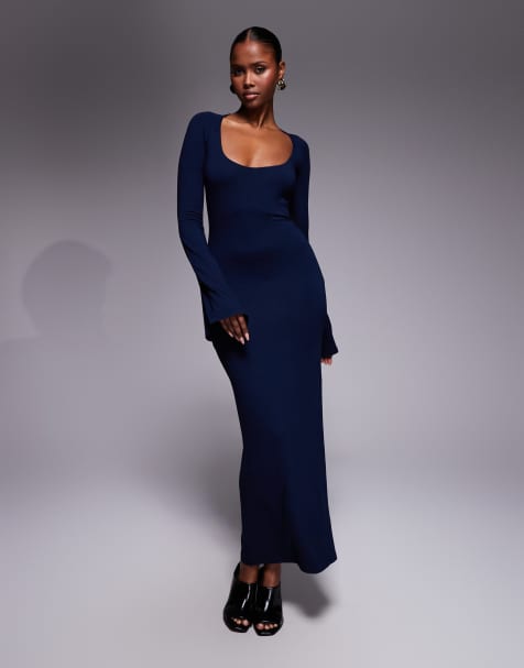 ASOS DESIGN long flute sleeves super scoop midi dress in navy