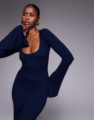 Asos Design Long Flute Sleeves Super Scoop Midi Dress In Blue