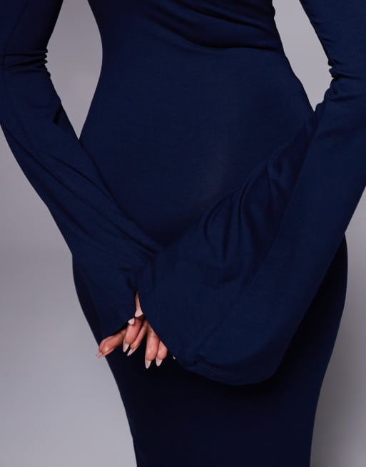 ASOS DESIGN long flute sleeves super scoop midi dress in navy, 3 of 4