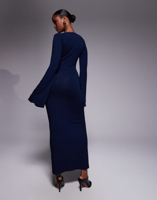 ASOS DESIGN long flute sleeves super scoop midi dress in navy, 4 of 4