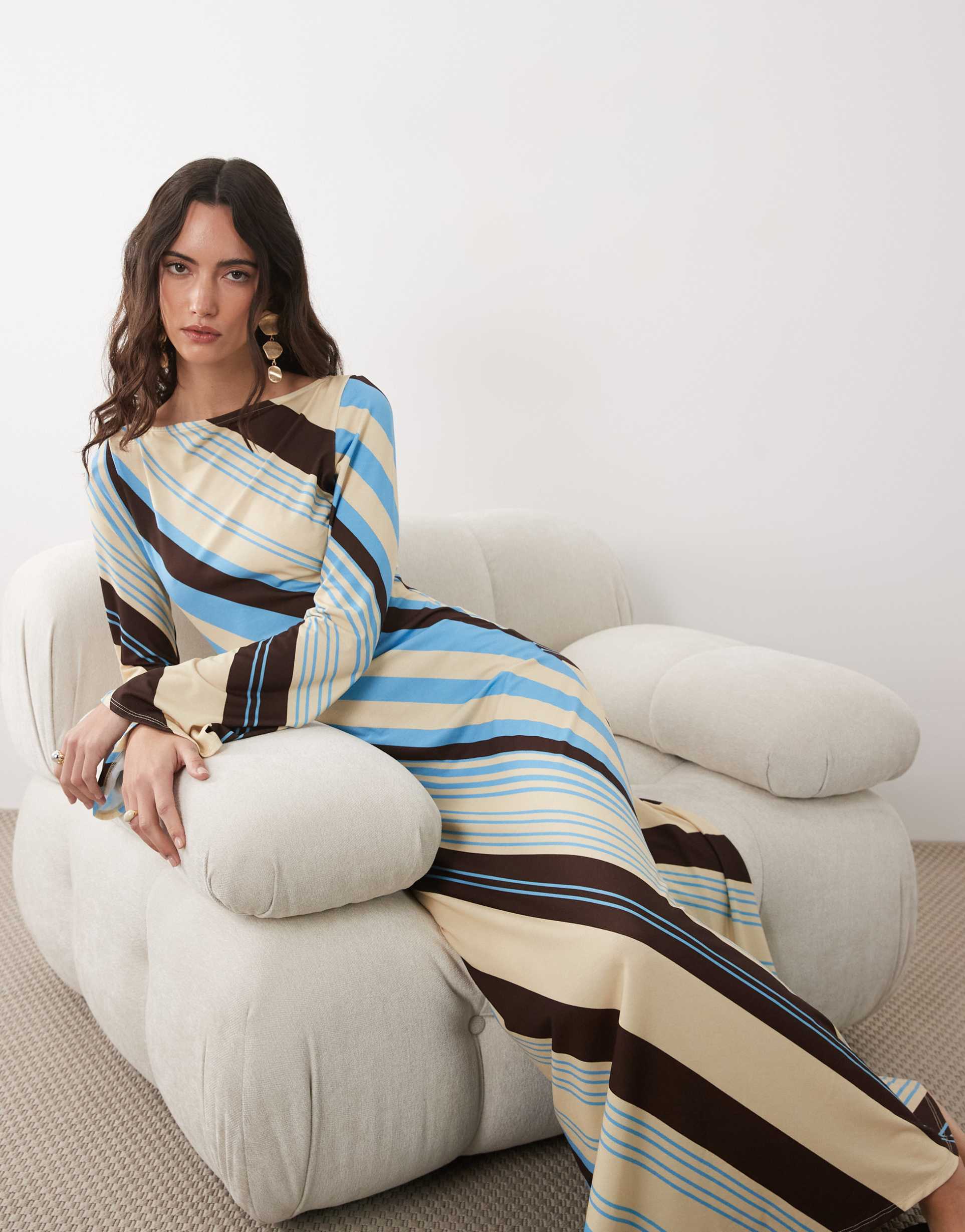 asos design long fluted sleeve midaxi dress in stripes