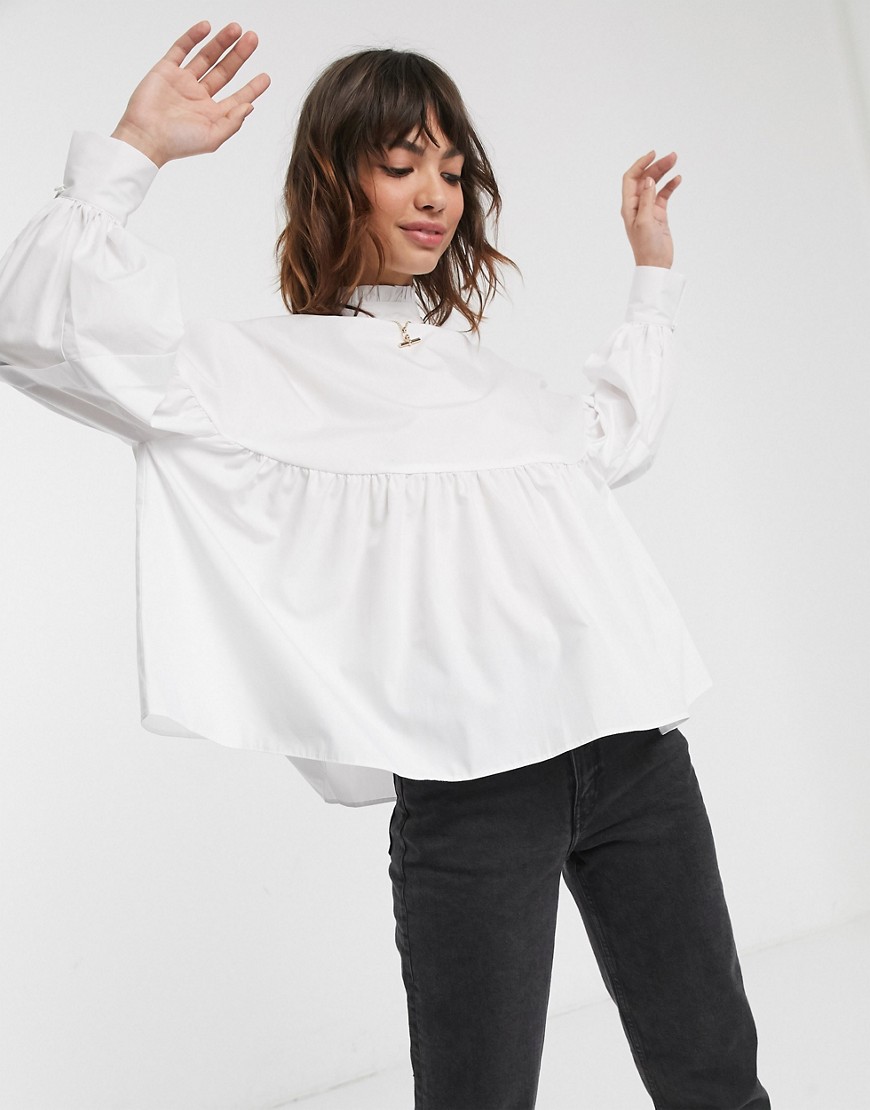 ASOS DESIGN long high neck smock top in cotton in ivory-White