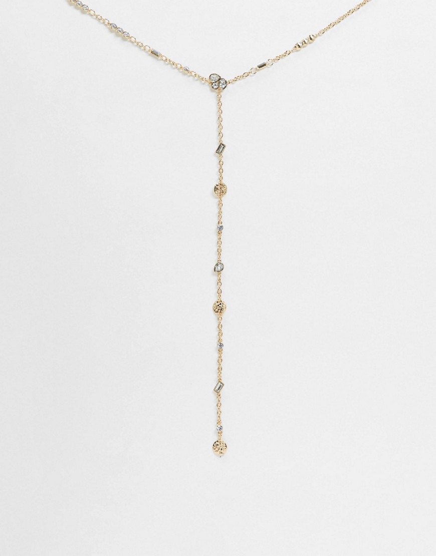 Asos Design Long Lariat Necklace With Crystals And Hammered Discs In Gold Tone