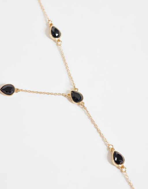 ASOS DESIGN long lariat necklace with multi stone detail in gold tone, 3 of 4