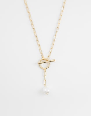 Asos Design Long Lariat Neckllace With T-bar Faux Freshwater Pearl In Gold