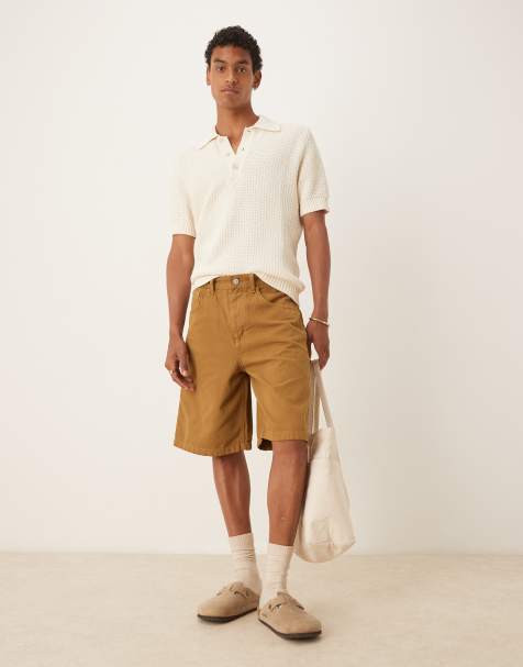 ASOS DESIGN long length carpenter jort in tan - view 1