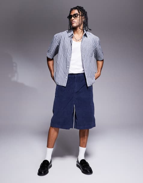 ASOS DESIGN long length corduroy jorts in navy - view 1