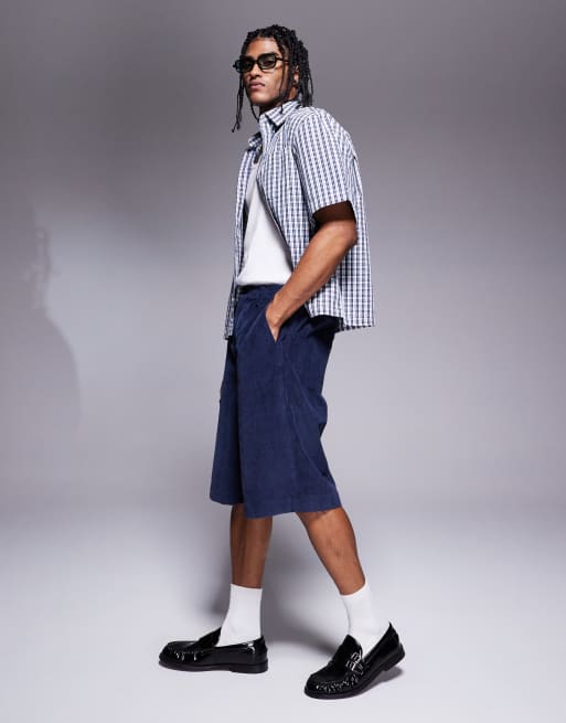 ASOS DESIGN long length corduroy shorts in navy, 3 of 5