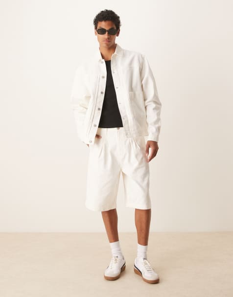 ASOS DESIGN long length denim cargo jorts with double pleats in ecru - part of a set - view 1