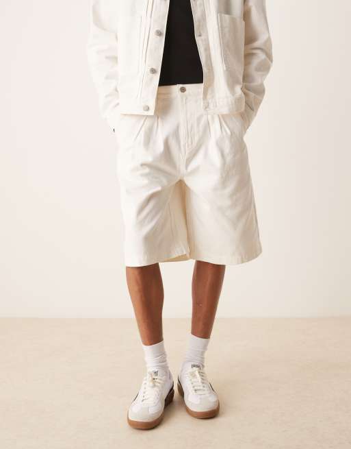 ASOS DESIGN long length denim cargo jorts with double pleats in ecru (part of a set)