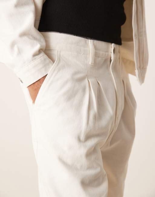 ASOS DESIGN long length denim cargo jorts with double pleats in ecru (part of a set)