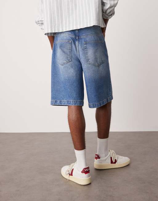 ASOS DESIGN long length denim fatigue jorts in mid wash blue