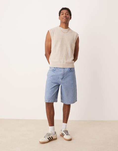 ASOS DESIGN long length denim jort in mid wash blue - view 1