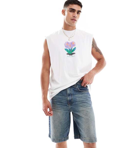 ASOS DESIGN long length denim jort in mid wash blue - view 1