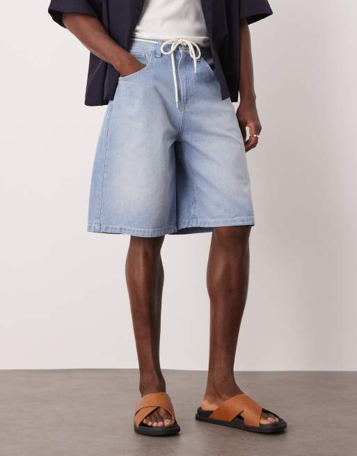 ASOS DESIGN long length denim jort with drawcord in light wash blue