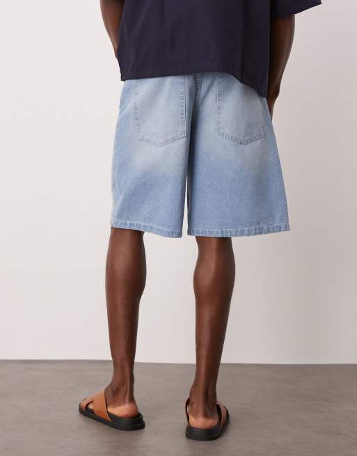 ASOS DESIGN long length denim jort with drawcord in light wash blue