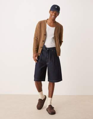 ASOS DESIGN ASOS DESIGN long length denim jort with pleats and self tie in raw wash-Blue