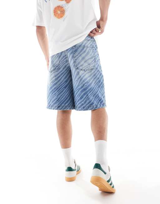 ASOS DESIGN long length denim jort with zebra laser print and tint in mid wash blue, 2 of 5
