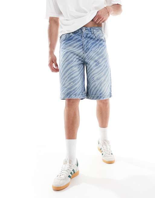 ASOS DESIGN long length denim jort with zebra laser print and tint in mid wash blue, 4 of 5
