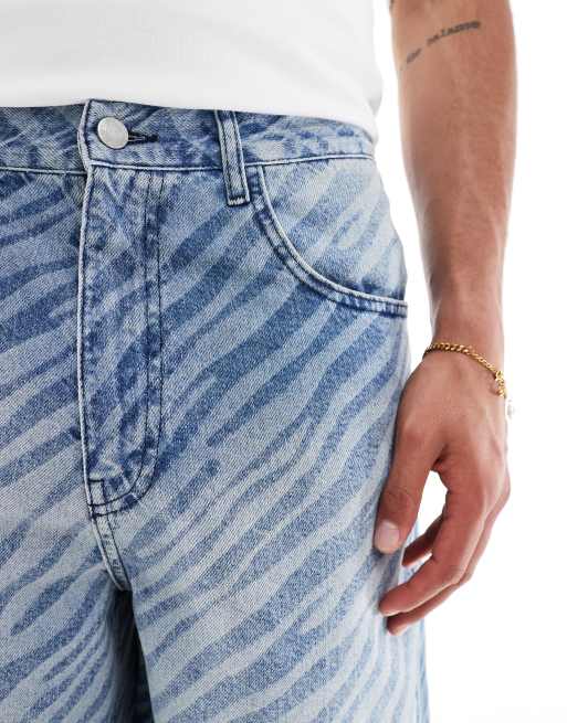 ASOS DESIGN long length denim jort with zebra laser print and tint in mid wash blue, 5 of 5