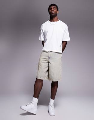 ASOS DESIGN long length denim jorts in bleach wash-Blue