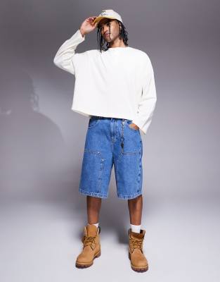 long length denim jorts with carpenter details-Blue