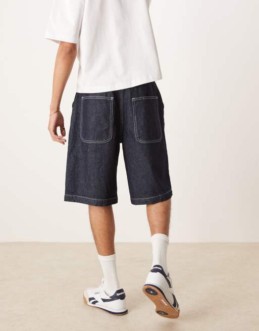 ASOS DESIGN long length denim jorts with double pleat in raw wash