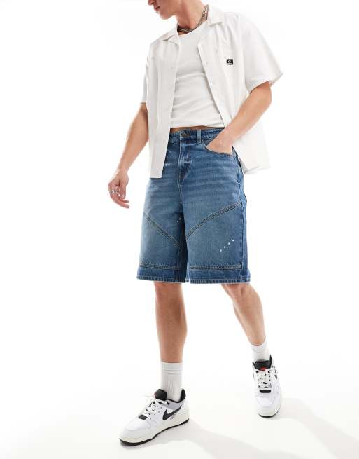 ASOS DESIGN long length denim jorts with panels in mid blue wash | ASOS