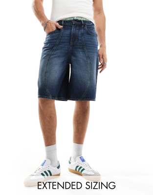 FhyzicsShops DESIGN long length denim jorts with panels in mid blue