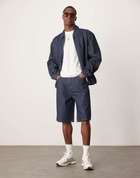 ASOS DESIGN long length denim jorts with pinstripes in dark wash blue - part of a set - view 1