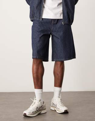 ASOS DESIGN long length denim jorts with pinstripes in dark wash blue - part of a set