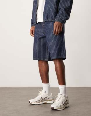 ASOS DESIGN long length denim jorts with pinstripes in dark wash blue - part of a set