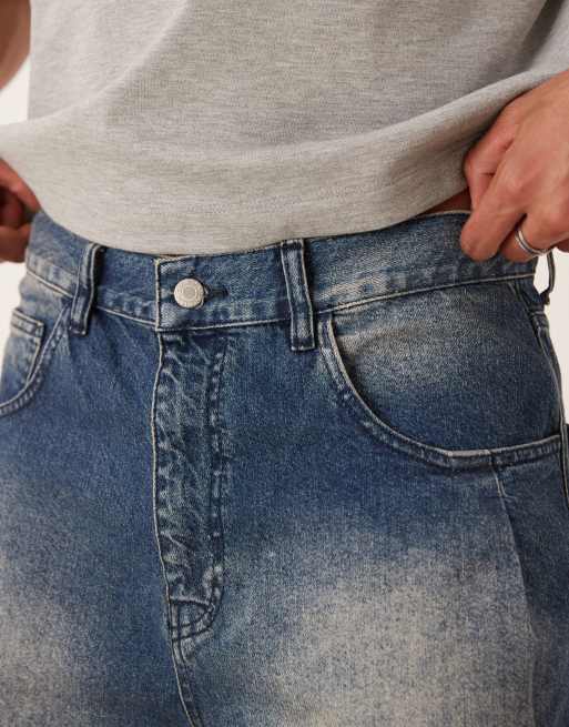 ASOS DESIGN long length denim jorts with pleat pockets in mid wash blue