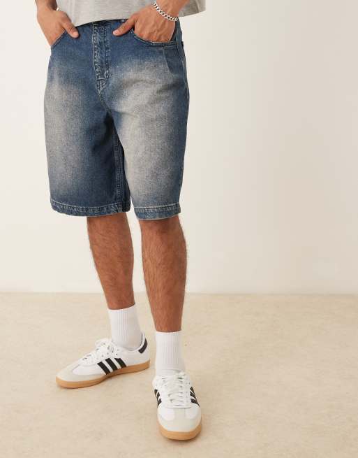 ASOS DESIGN long length denim jorts with pleat pockets in mid wash blue