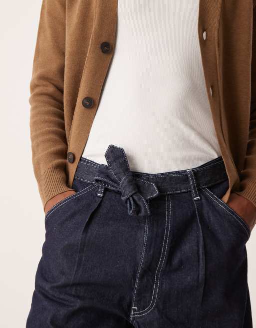ASOS DESIGN long length denim jorts with pleats and self tie in raw wash