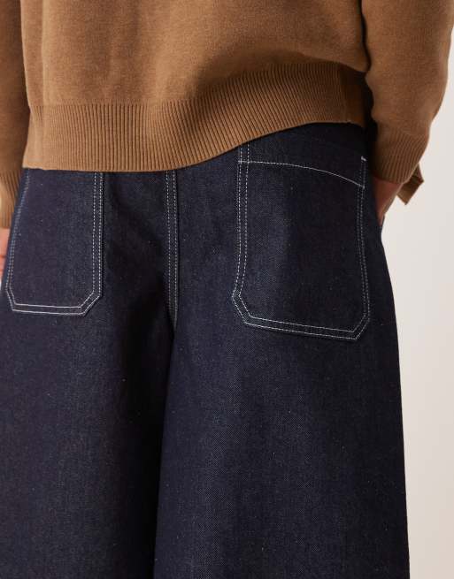 ASOS DESIGN long length denim jorts with pleats and self tie in raw wash