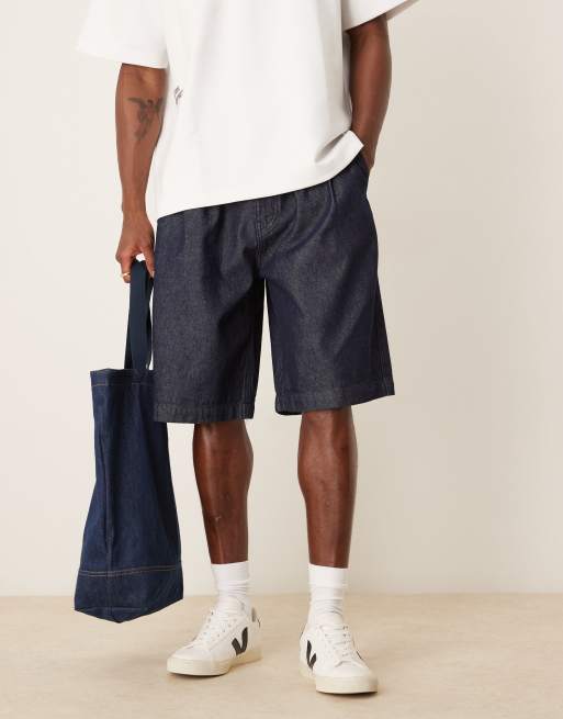 ASOS DESIGN long length denim jorts with pleats in dark wash blue